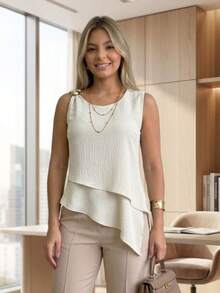 Women's Asymmetrical Blouse In Duna Fabric With Gold Buckle Detail And Side Slit - Off-withe - View 1