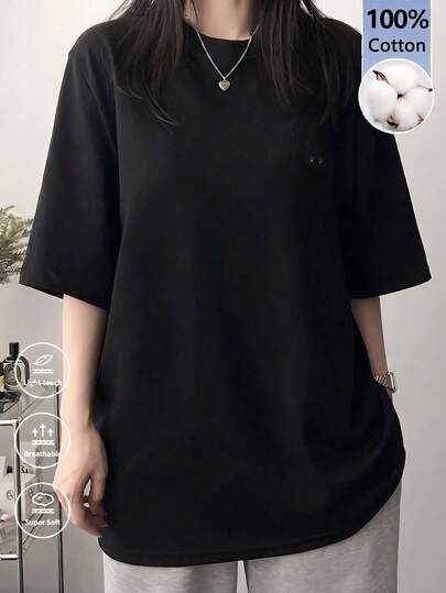 夏季新款休闲宽松圆领短袖T恤，百搭通勤风，女童黑色