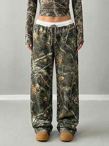 SRoinpar Women's Wide-Leg Camouflage Pants With Maple Leaf Print - Streetwear Casual Style Elastic Waistband Drawstringfor Daily Casual Loose Versatile - Army Green - View 2