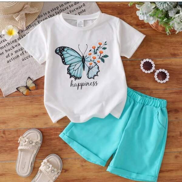 Set di maglietta a maniche corte e pantaloncini con stampa di farfalle e fiori "Happy" per ragazze di 4-8 anni, outfit casual estivo per il tempo libero