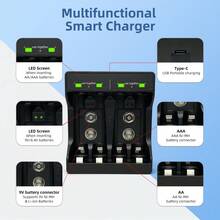 N4119 Smart Battery Charger, Suitable For AA/AAA Ni-MH/Ni-Cd And 9V Square Rechargeable Batteries. USB Powered, Overcharge Protection, Your One-Stop Home Battery Charging Solution. - Black - View 4