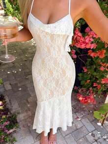 Vestido largo sirena sensual estampado degradado colorido, tirantes finos cruzados en espalda, cuello caído y falda asimétrica con volantes, ideal para vacaciones playeras hawaianas, citas y eventos especiales de primavera y verano - Blanco - Ver 3