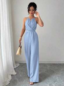 Women& # 39;S Casual Blue Wrinkled Fabric Sleeveless Halter Beaded Waist Twist Design Straight Jumpsuit Tie Bow Design At Back, Spring And Summer Royal Blue Group Purchase Sky Blue Group Buy Cerulean Blue - Màu xanh nhạt - Xem 13