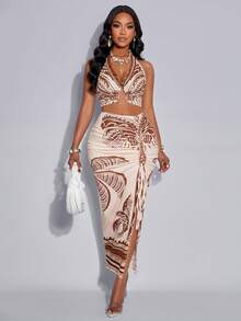 AIJ Amarilo Women's Elegant Tropical Print Ruched Hollow Out Fitted Metal Ring Buckle Niche Design Sleeveless Backless Camisole Top And Drawstring High Slit Skirt Two Pieces Set (Positioning Print) Summer - Apricot Brown - View 6