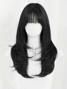 22-Inch Black Medium-Length Wig With Bangs For Women, Dark Roots Soft Heat-Resistant Fiber Full Machine Synthetic Straight Hair Wigs For Party Cosplay Halloween Wear, Music Festivals Celebrations Use - Black - View 5
