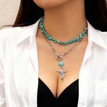 Boho Turquoise Layered Choker Necklace Set Western Cow Skull Pendant Long Chain Neckwear Retro   Jewelry For Women Festival Accessories Coastal Cowgirl Aesthetic  Summer Party Gifts For Her - 03 - 查看 2