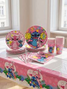Bộ đồ dùng tiệc chủ đề Lilo & Stitch màu hồng đậm, bao gồm đĩa, cốc, khăn ăn, khăn trải bàn, quà tặng nhỏ, đồ trang trí tiệc và bộ đồ ăn dã ngoại/cắm trại. - Nhiều màu - Xem 1