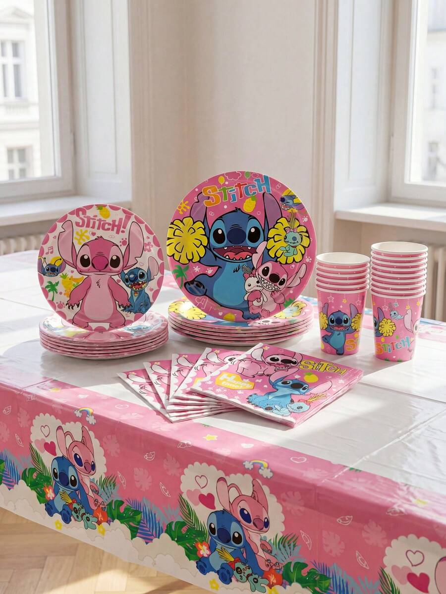 Bộ đồ dùng tiệc chủ đề Lilo & Stitch màu hồng đậm, bao gồm đĩa, cốc, khăn ăn, khăn trải bàn, quà tặng nhỏ, đồ trang trí tiệc và bộ đồ ăn dã ngoại/cắm trại. - Nhiều màu - Xem 1