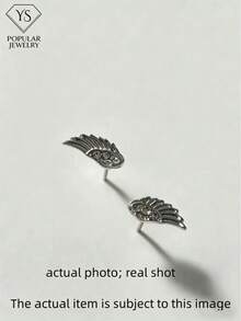 1对时尚银色精致翅膀耳钉，女士奢华闪亮几何耳夹首饰礼品（无盒） - 彩色 - 查看 3