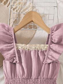 Mono informal con parches de encaje y volantes para niñas preadolescentes, primavera/verano - Rosa - Ver 4