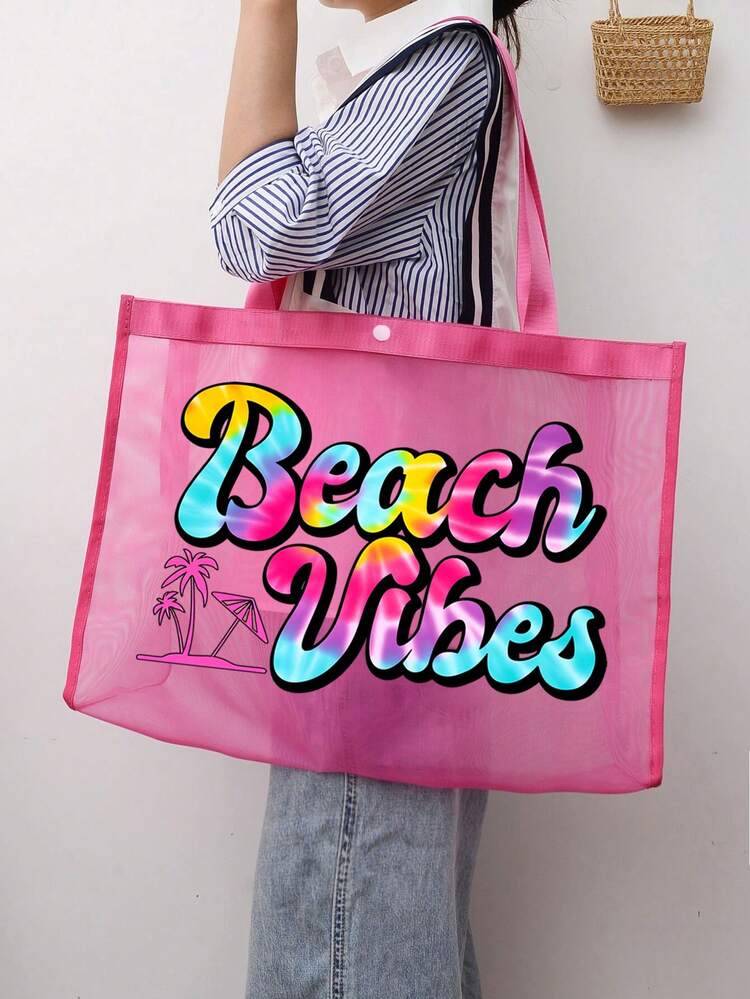 Mesh Tote Bag And Small Bag Set, Decorated With Colorful "Beach Style" Patterns, Includes One Tote Bag, One Beach Bag, One Hawaiian Style Transparent Storage Bag, One Travel Toiletry Bag, One Beach Tote Bag, One Casual Vacation Bag, One Cosmetic Storage Bag, Essential Summer Item, Perfect For School, Vacation, Holiday And Back To School, Also Great Gift For Friends And Teachers, Birthday Gift, Party Gift, Summer Gift, Vacation Gift, Holiday - Multicolor - View 9