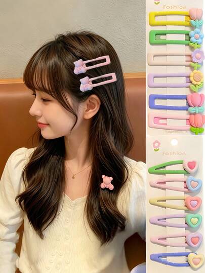 6pcs Cute Macaron Color Flower Bow Hair Clips Set, Sweet Candy Color BB Hair Pins, Kawaii Non-Slip Hair Barrettes, Lovely Hair Accessories For Girls Daily Bangs Decor