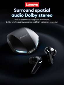 Lenovo XT53 Bluetooth Earphones, Half In-Ear, Esports Gaming Mode, Low Latency, Waterproof, Sports/Running, High-Quality Audio, Microphone, LED Display Battery Level, Long Lasting, Wireless Earbuds Compatible With Smartphones, Tablets, Laptops - View 2