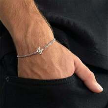 1pc Simple Classic Silvery Initial Pendant Stainless Steel Chain Bracelets For Men - Silver - View 1