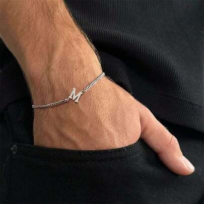 1pc Simple Classic Silvery Initial Pendant Stainless Steel Chain Bracelets For Men