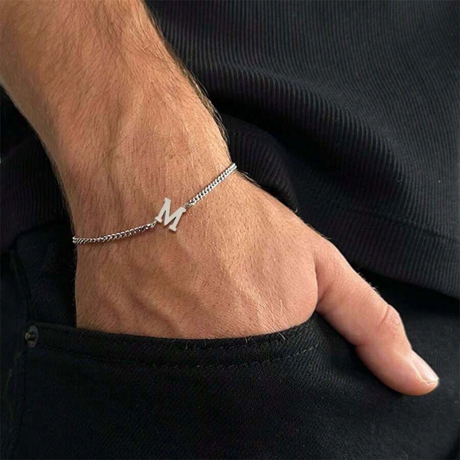 1pc Simple Classic Silvery Initial Pendant Stainless Steel Chain Bracelets For Men - Silver - View 1
