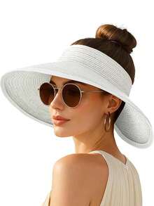 Foldable Straw Hat, Wide Brim Sun Protection Hat With Cute Bow Decor, Versatile Casual Bohemian Elegant Polyester Hat For Outdoor Beach, Spring/Summer - Straw Hat - View 5