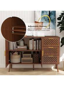 SURUIHK Storage Cabinet With 3 Drawers & Double Doors Wood Buffet Sideboard Cabinet Multi Use Storage Organizer For Kitchen Dining Room Living Room Natural Wood Style - 棕 - 查看 4