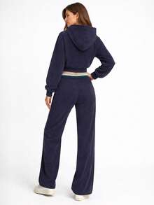 Women's Ribbed Tracksuit Set, Hooded Pullover, Cuffed Sweatshirt, Straight-Leg Trousers With Belt, Pockets, Spring Autumn Casual - Navy Blue - View 3