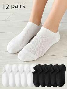 6/12 Pairs Men's Black & White Solid Color Mesh Breathable Invisible Casual Socks, Suitable For All Seasons - Black and White - View 17