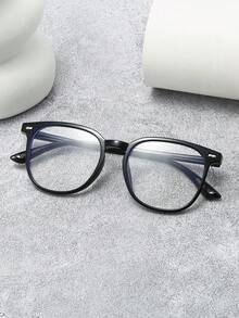 1副女士TR90方形镜框铆钉复古时尚高品质透明镜片眼镜 - 亮黑 - 查看 2