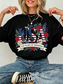 250 Years Of Freedom USA T Shirt 2026 July 4th Independence Day Patriotic Floral Graphic Oversized Loose Short Sleeve Tee Top For Women - 黑色 - 查看 1