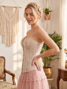 Corset Tops For WomenLace Up Corset Top, Floral Jacquard Lace Up Corset,Women's  Shapewear Corset Bonning - 杏色 - 查看 2