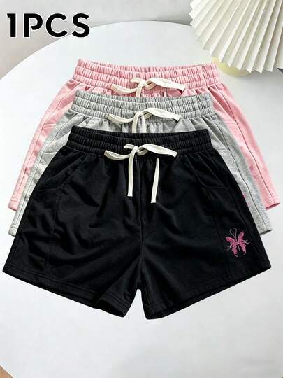 夏季新款女士甜美清爽粉色蝴蝶刺绣休闲短裤，多功能高腰显瘦运动短裤，居家户外皆宜