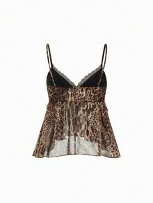 Spaghetti Strap Top With Patchwork Leopard Print Pattern, Polyester Lace Splice, Vacation & Beach Casual Summer - Khaki - View 2