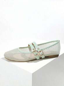 New Women Flat Ballet Mesh Shoes, Black And Beige, Round Toe, Solid Color Breathable Casual Flat Shoes, Fashionable And Comfortable - 綠色 - 查看 8