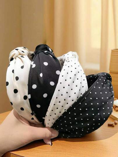 Băng đô xoắn chấm bi kiểu Pháp cổ điển (1/2 chiếc), đen trắng, 4 màu để lựa chọn, phụ kiện tóc vành rộng, phù hợp cho mùa hè, lễ hội âm nhạc, đi làm, đa năng.