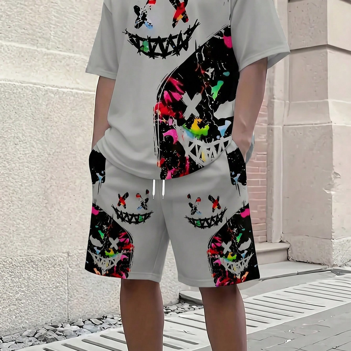 Piezas Conjunto de hombre con estampado de calavera graffiti, camiseta de manga corta casual y pantalones cortos deportivos