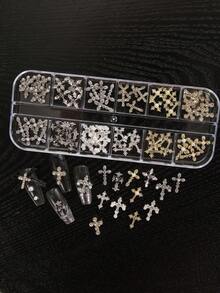 12格哥德式十字架美甲飾品組，復古水鑽珍珠3D金屬裝飾，DIY美甲設計用，12格收納盒 - 彩色 - 查看 5