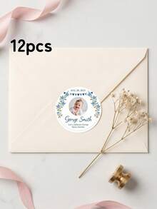 12/24/48pcs Personalized Photo Stickers, Customizable With Names, Birthday Party Decorations, Blue Floral Patterns, Circular Labels, Back To School - Multicolor - View 8