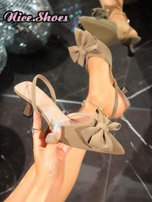 Giày sandal cao gót mũi nhọn, quai sau buộc nơ 3D kiểu dáng mới mùa hè, thích hợp đi làm, hẹn hò, mặc hàng ngày, phong cách lãng mạn Pháp, màu đỏ rượu vang, be, kaki, đen. - Màu Khaki - Xem 8