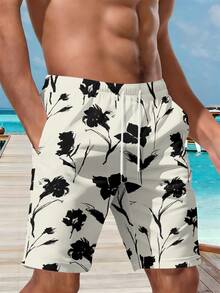 Floral Pattern Men's Beach Pants  Black And Cream Botanical Print 2026 Summer New Style Lightweight Breathable Fabric For Casual Wear And Everyday Outfits 3D Printing Soft Comfortable Material Per_pt92_01 - 混合色 - 查看 3