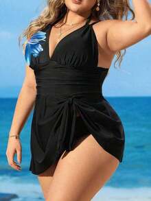 Plus Size Women 2Pcs/Set V-Neck Spaghetti Strap Printed Tankini Top And Bottoms Swimsuit For Summer Beach Vacation - Multicolor 6 - Ver 3