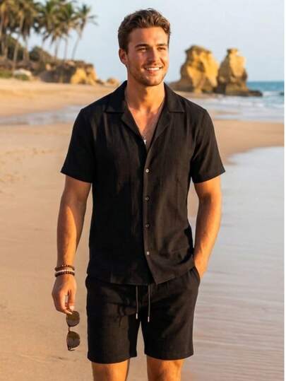 Men's Summer Solid Color Short Sleeve Casual Shirt And Tie Waist Shorts, 2 Pieces/Set Casual Outfits