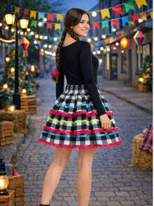 June Festival Skirt, Adult/Youth Cup, Countryside Checkered, Round Square Dance, Saint John's Day, Ruffles, Luxury - 玫紅色 - 查看 3