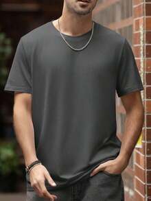 Men's Solid Color Short Sleeve T-Shirt, Comfortable, Breathable, For Summer. - Dark Grey - View 2
