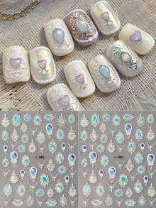 FULL BEAUTY Iridescent Aurora Vintage Lace Bohemian Totem Gemstones Nail Stickers Bow Heart Mirror Necklace Baroque Court Style Y2K Nail Supplies For Women & Girls DIY Manicure,Wedding Nail Decorations Accessories - Multicolor - View 12