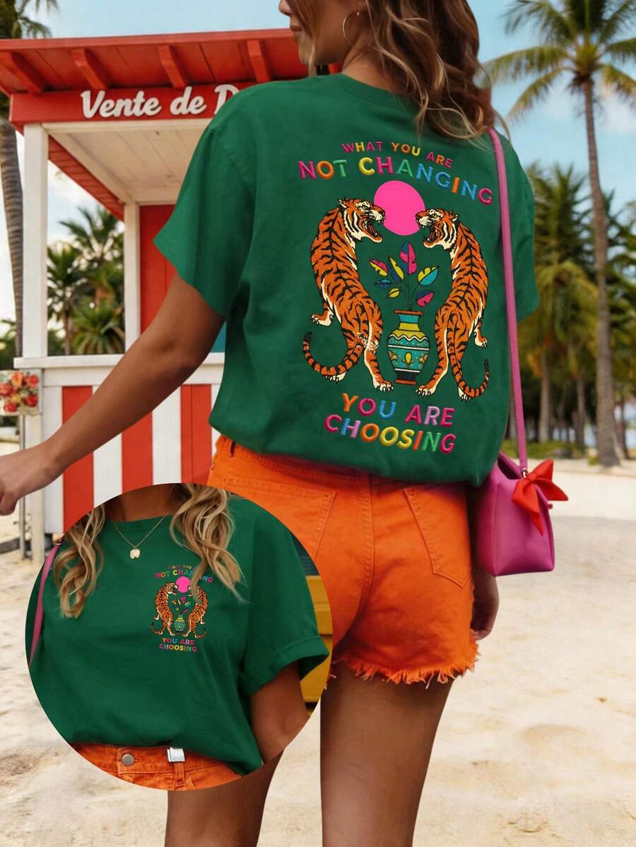 “你拥有魔法”图案T恤 - 虎纹印花T恤，超现实主义风格女式T恤，波西米亚风女式图案上衣（饰有女巫和“眼睛”图案），可爱图案女式T恤，夏季女式上衣，短款图案T恤（婴儿T恤），女式上衣，短袖上衣，图案上衣，最新女装时尚，休闲新品 - 墨綠色 - 查看 1