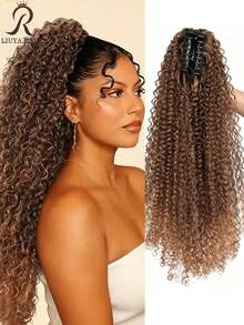 24 Inch Deep Brown Deep Wave Clip-In Ponytail Hair Extension - Heat Resistant Synthetic Fiber, Natural Curly Hair Styling Accessory, Suitable For Women's Daily Use, Daily Hairstyle Styling Accessory, Voluminous Curly Heat Resistant Fiber Wig - Brown Ombre - View 12