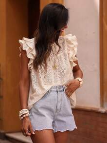 Áo không tay ren móc kiểu Bohemian dành cho nữ, cổ tròn với viền bèo nhún nhiều lớp, thích hợp cho mùa hè thường ngày. - Màu be - Xem 4