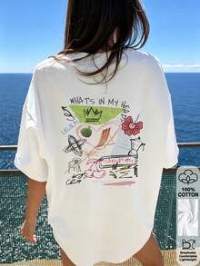 Einteiliges, übergroßes Damen-T-Shirt aus Baumwolle mit Graffiti-Print, sommerliche Streetwear-Edition, atmungsaktiv und lässig mit Rundhalsausschnitt. - Weiss - Übersicht 7