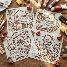4 piezas de plantillas reutilizables con silueta de casa, aptas para manualidades DIY, decoración de pared de estilo granja, incluye plantillas de corona, patrones de guijarros y cita "El hogar es donde está el corazón", se pueden usar para scrapbooking, tarjetas de felicitación, pintura en tela - 4 piezas - Ver 6