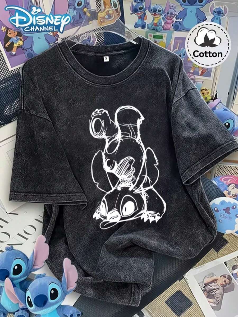 Disney Lilo And Stitch' Pattern Women'S T-Shirt, Fabric Comfortable AndBreathable, Women'S Round Neck Short Sleeve T-Shirt, Casual RetroWomen'S Top - màu đen - Xem 1