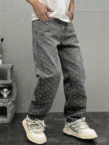 Plus Size Men's Personalized Crochet Denim Jeans - Grey - View 4