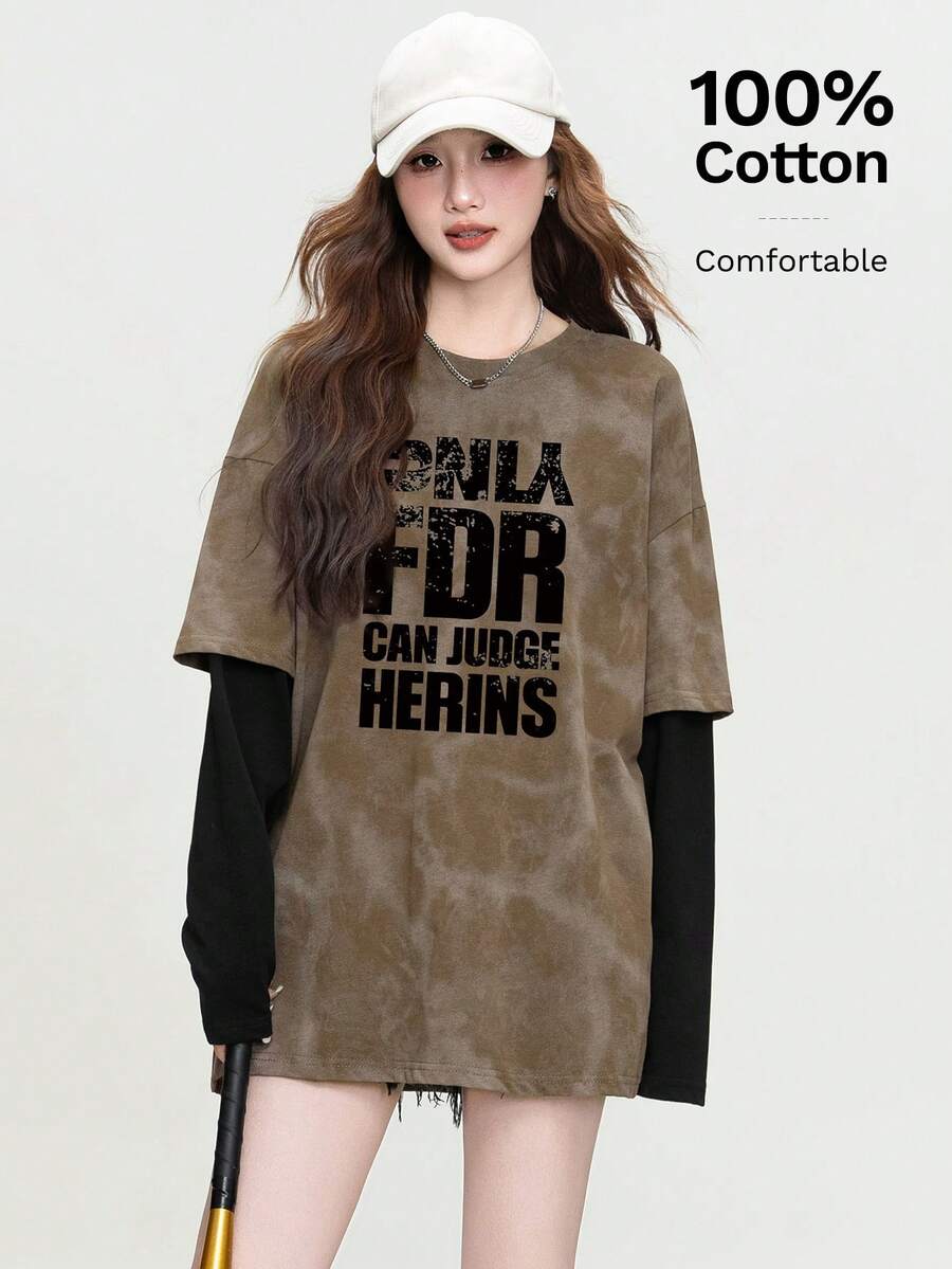JUTU Blend English Graphic Print Patchwork Loose Fit Long Sleeve Round Neck Knit Top, Suitable For Party, Spring, Autumn, Valentine's Day Casual - 0B45 Coffee Black - KJ0200 Black - View 1