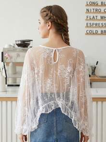 Blusas de encaje para mujer, blusa transparente de verano con cuello redondo y estampado de flores, ropa de club para uso casual diario - Blanco - Ver 2
